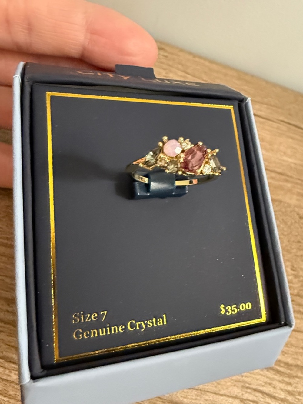 Gold Tone Ring with Pink, Peach and Crystal Stones, size 7
